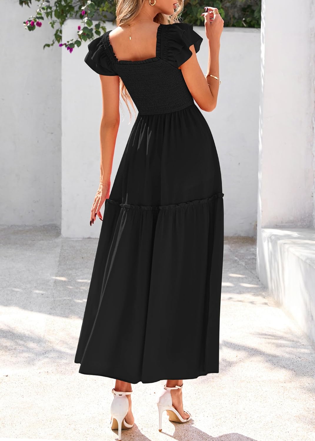 KIRUNDO Smocked Summer Dresses for Women 2025 Wedding Guest Midi Flowy Ruffle Short Sleeve Square Neck Tiered Sundress