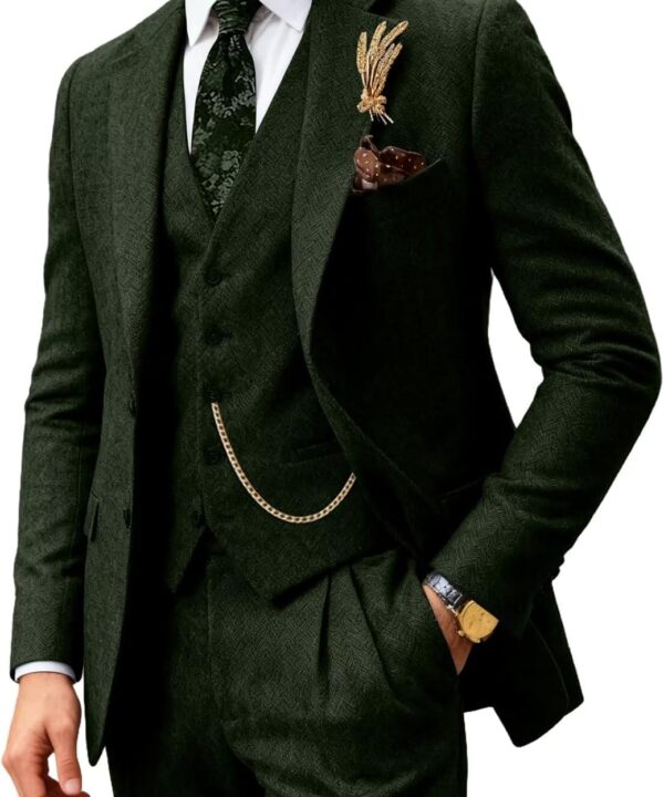 Retro Men Suit 3 Piece Tweed Herringbone Men's Suits Wool Jacket Tuxedos Wedding Grooms Blazer Vest Pants Set Prom