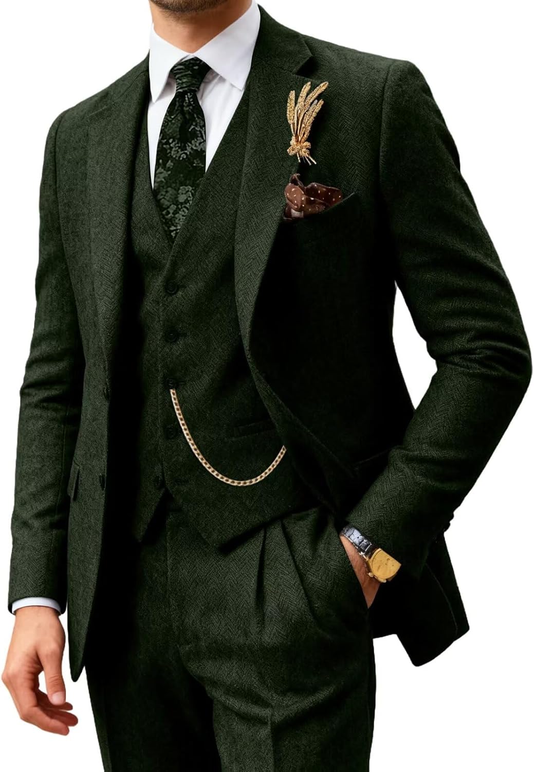 Retro Men Suit 3 Piece Tweed Herringbone Men's Suits Wool Jacket Tuxedos Wedding Grooms Blazer Vest Pants Set Prom