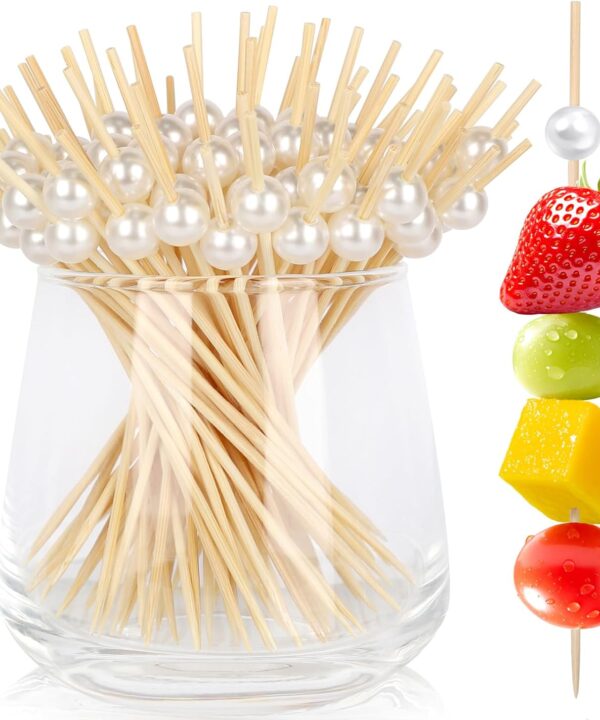200 Cocktail Picks, White Pearl Fancy Toothpicks for Appetizers Drinks Fruit Food, 4.7 in Long Bamboo Skewers Wood Cocktail Sticks for Wedding Bridal Shower Party Decor Charcuterie Boards Accessories