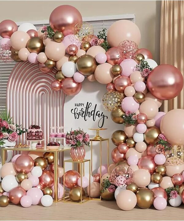 Rose Gold Balloon Garland Kit, Nude Pastel Pink Metallic Gold Matte White Balloons Gold and Rose Gold Confetti Balloons for Wedding Bridal Shower New Year Party Girl Birthday Decorations