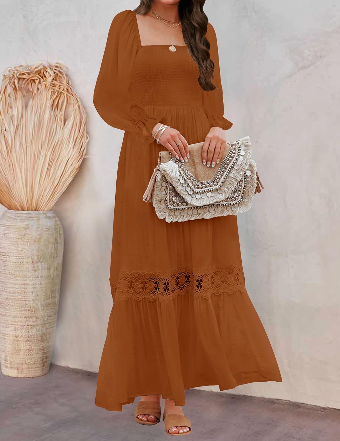 ZESICA Womens 2025 Boho Long Sleeve Square Neck Smocked High Waist Flowy A Line Lace Trim Maxi Dress