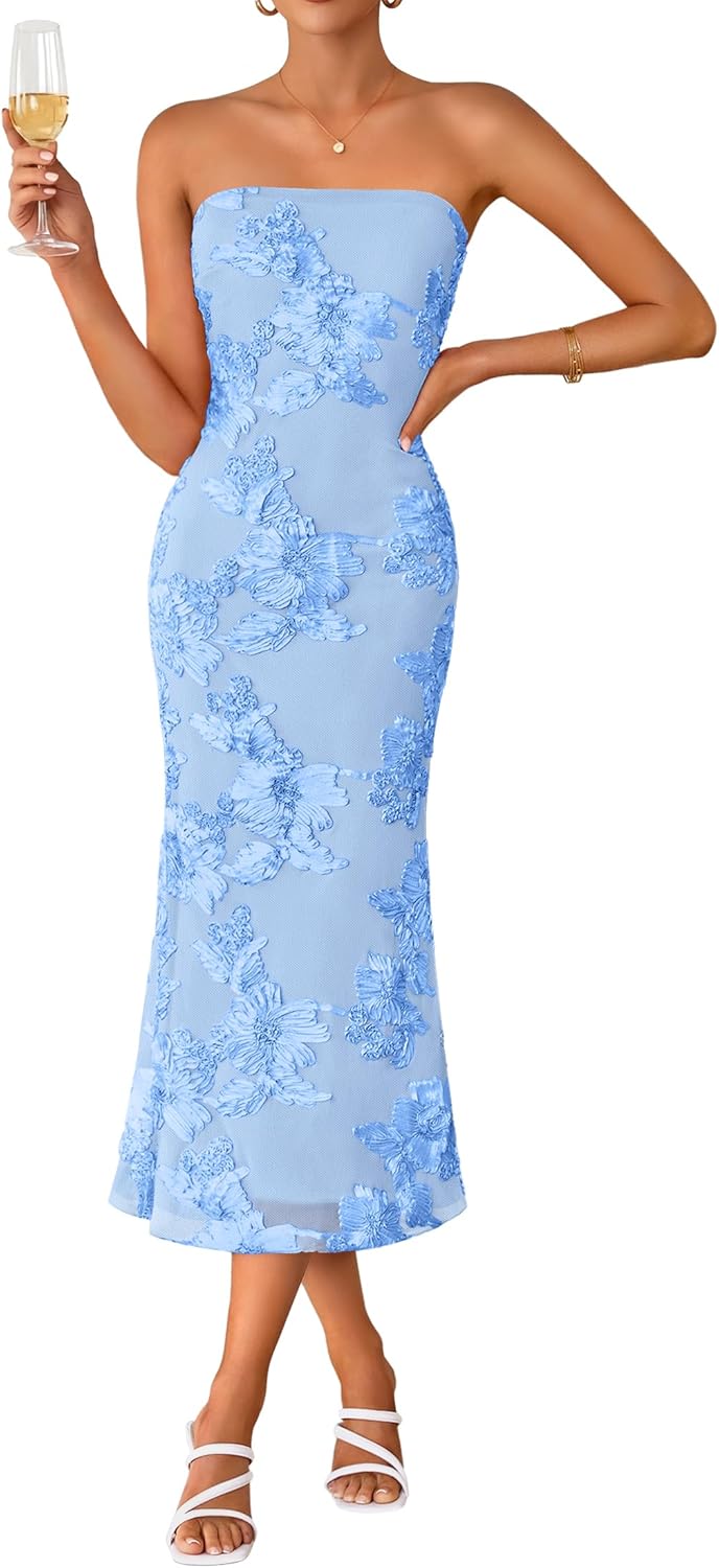 ZESICA Women's Summer Strapless Floral Midi Dress 2026 Bodycon Mesh Tube Wedding Guest Cocktail Party Long Dresses