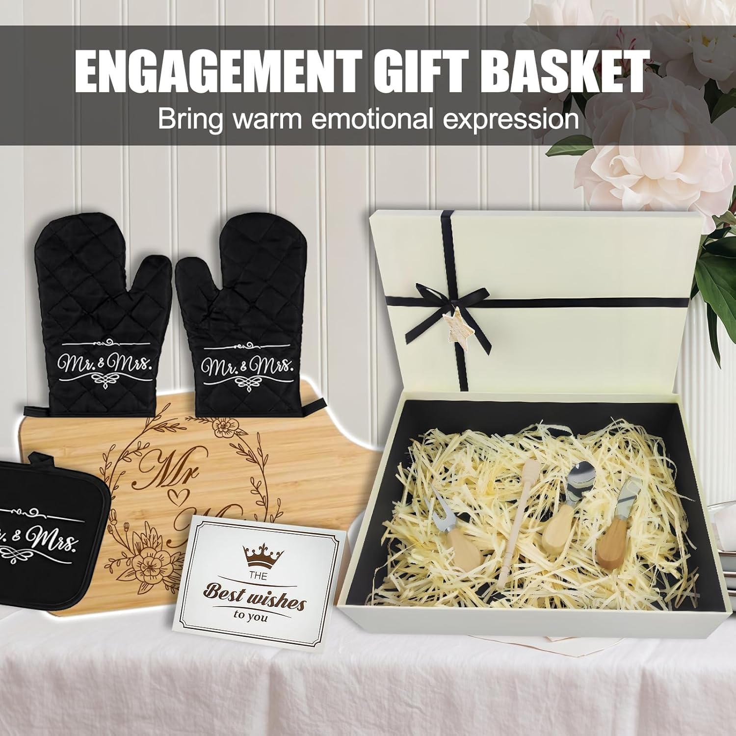 Mr & Mrs Apron Gift Set for Couple Newlyweds Kitchen Gift Cutting Board, Microwave Mitt, Mat, Cheese Knife His and Hers Husband and Wife Gift Wedding Anniversary Bridal Shower Engagement Gift