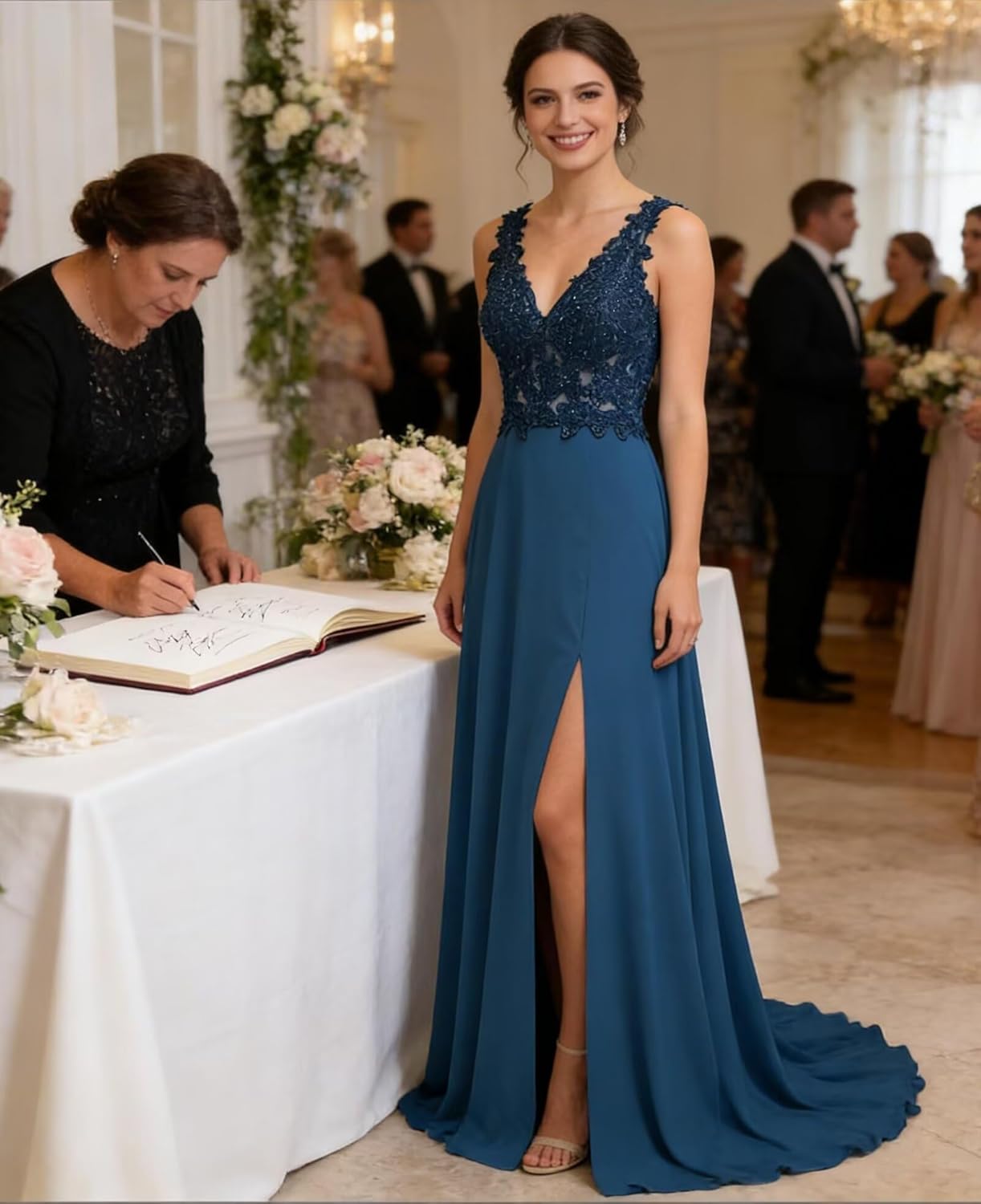 ForElise Womens Bridesmaid Dresses Long Chiffon Slit Semi Formal Dresses V-Neck Backless A-Line Evening Gowns for Wedding