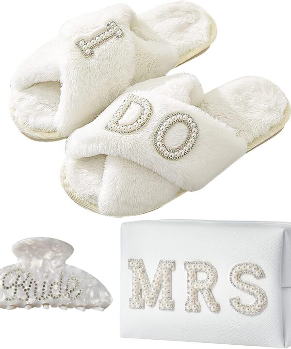 Bride To Be Gift Set Bride Makeup Bag I Do Bride Slippers Bride Robe Bride Hair Clip Bride Gifts Wedding Gifts (Slippers+Makeup Bag+Clip)