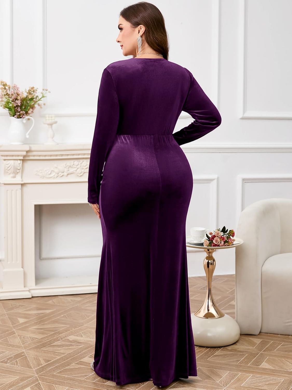 ZOMVA Plus Size Velvet Wrap Dress Long Sleeve V Neck Mermaid Maxi Formal Evening Gowns for Wedding Guest Cocktail Party