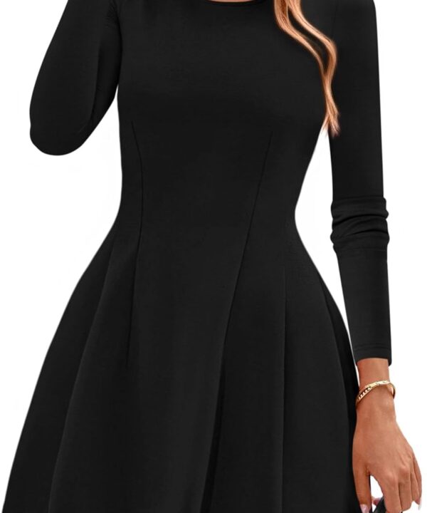 PRETTYGARDEN Long Sleeve Mini Dress for Women 2025 Fall Crewneck Knit Pleated Babydoll A Line Soft Casual Short Party Dresses