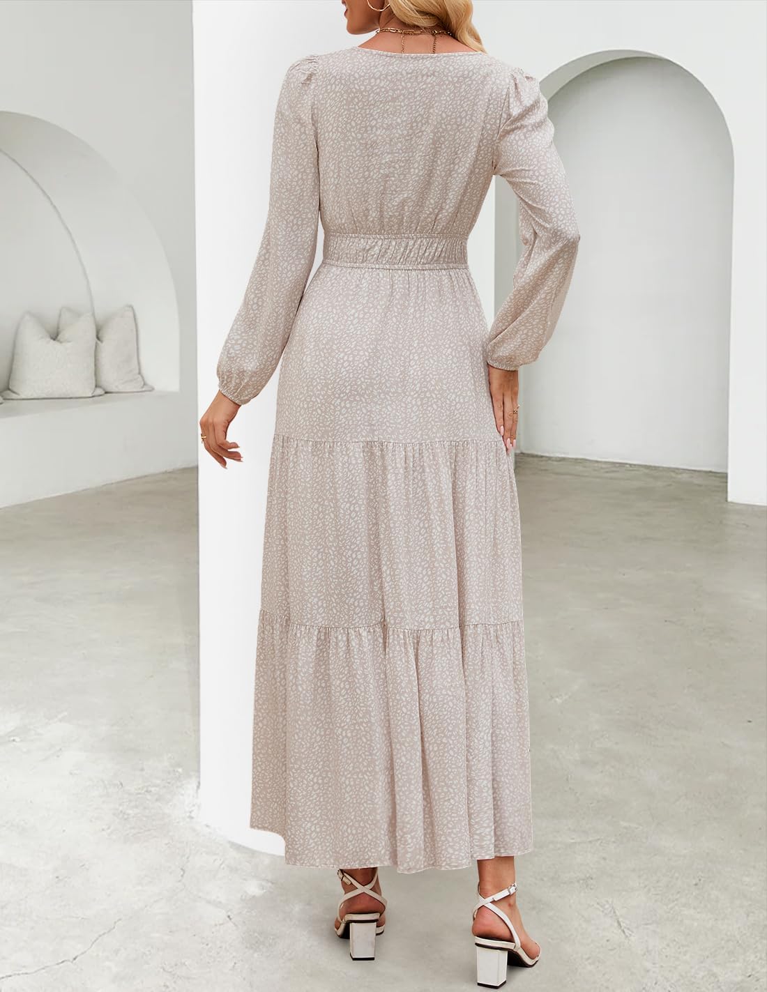 ZESICA Fall Dresses for Women 2025 Long Sleeve Boho Floral V Neck Empire Waist A Line Casual Flowy Wedding Guest Maxi Dress