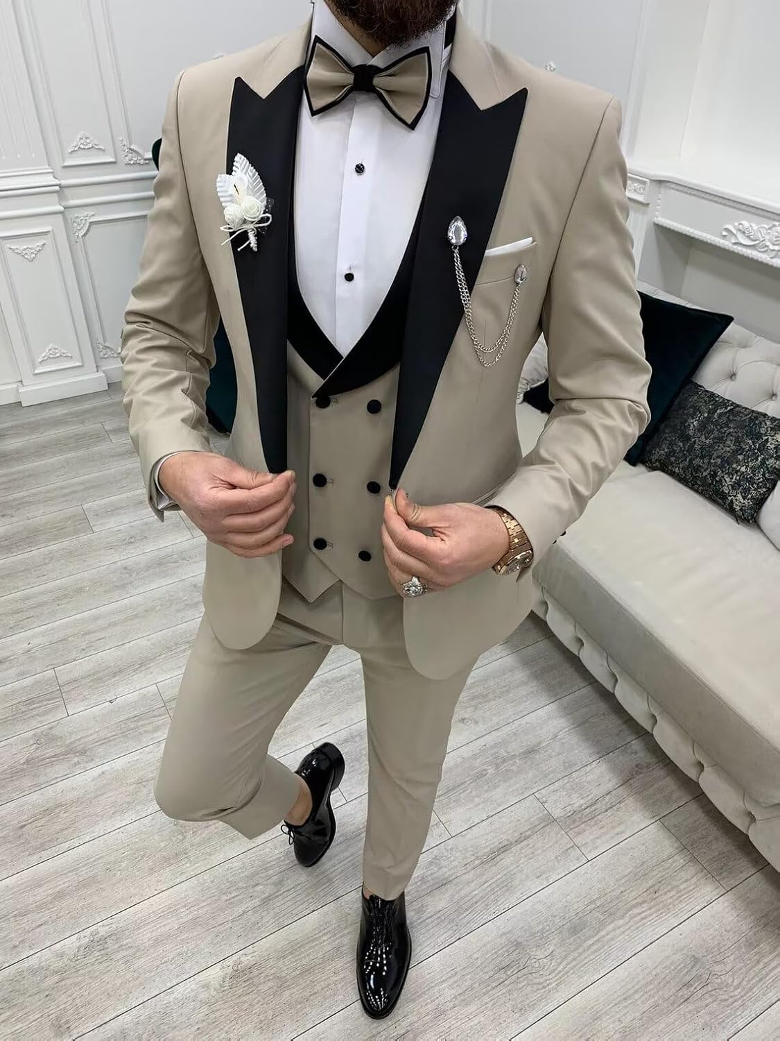 Wangyue Mens Tuxedo Suit 3 Piece Slim Fit Suit for Men Tuxedo for Men Wedding Party Dinner Prom