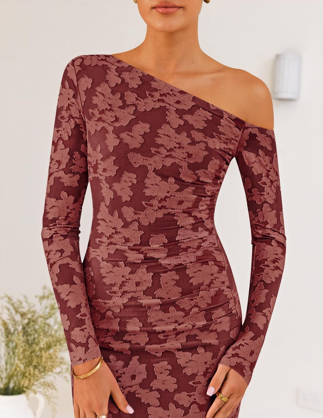 ZESICA Womens Fall Floral Off Shoulder Bodycon Maxi Dresses 2026 Long Sleeve Ruched Elegant Cocktail Party Dress