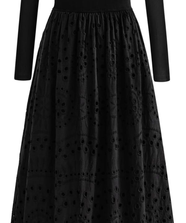 dowerme Women Fall Dresses 2025 Casual Long Sleeve Crewneck A-Line Boho Eyelet Cotton Maxi Wedding Guest Dress Pockets