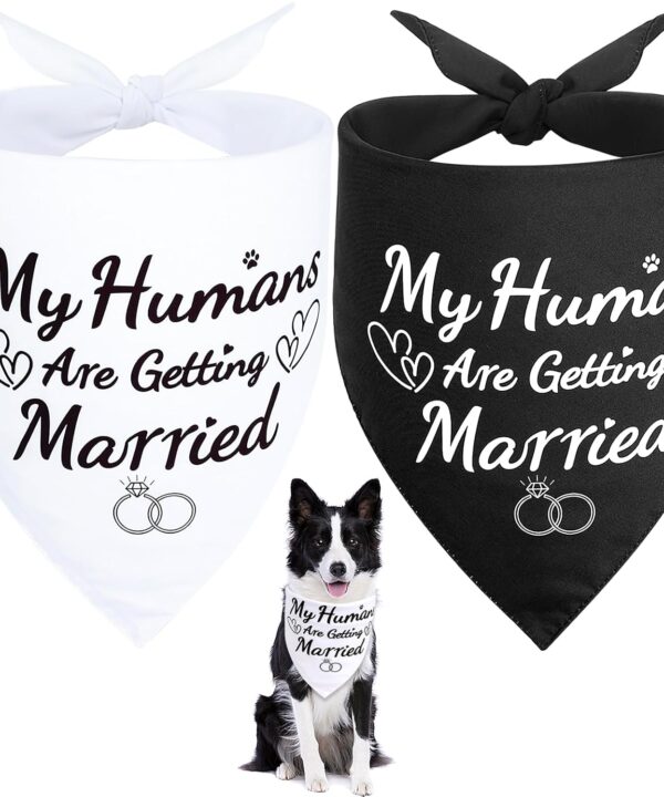 SZEE Engagement Gifts for Couples, 2 Pack My Humans are Getting Married Dog Bandanas, Wedding or Bridal Shower Gifts for Bride, Dog Wedding Bandanas, Engagement Party Decorations (White & Black, L)
