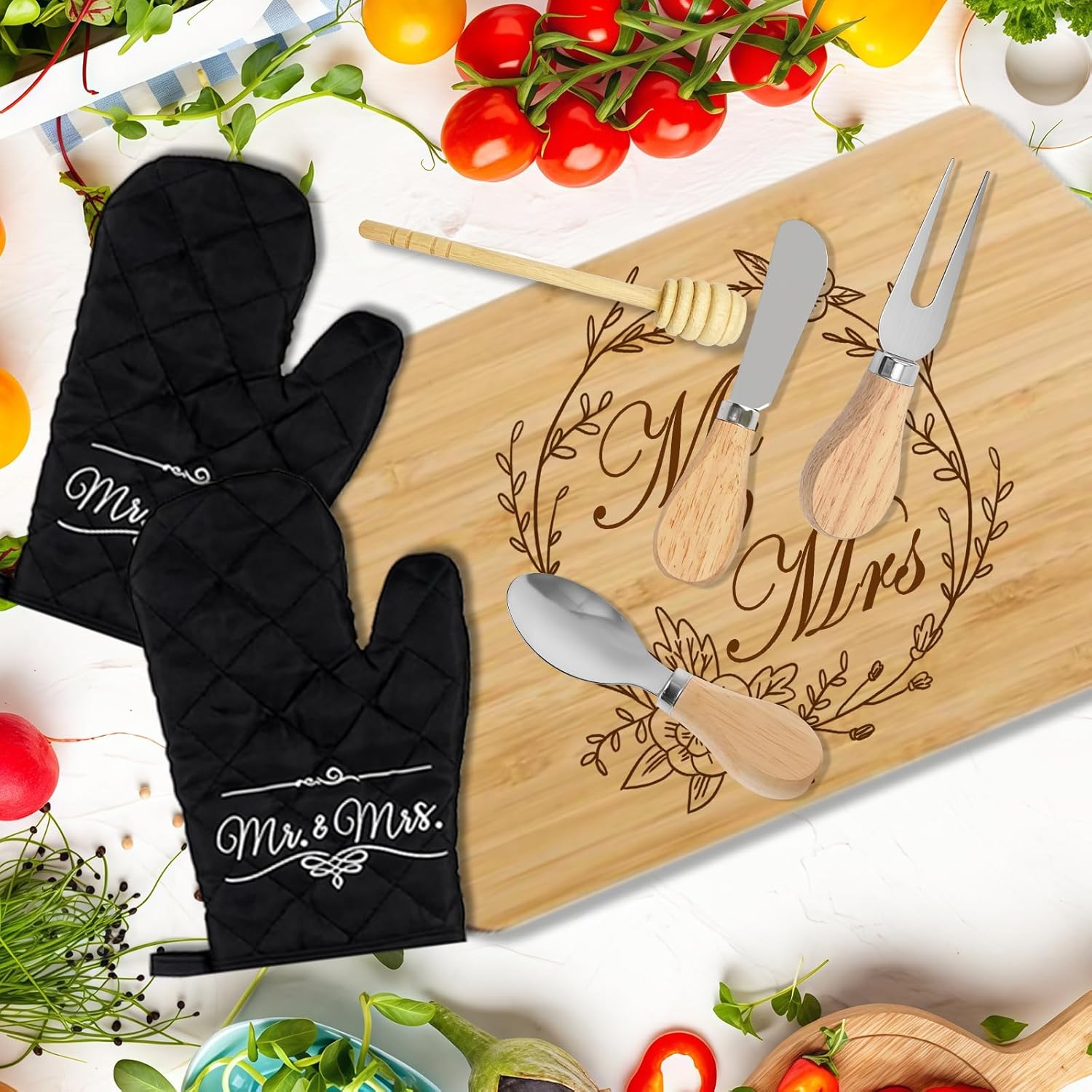 Mr & Mrs Apron Gift Set for Couple Newlyweds Kitchen Gift Cutting Board, Microwave Mitt, Mat, Cheese Knife His and Hers Husband and Wife Gift Wedding Anniversary Bridal Shower Engagement Gift