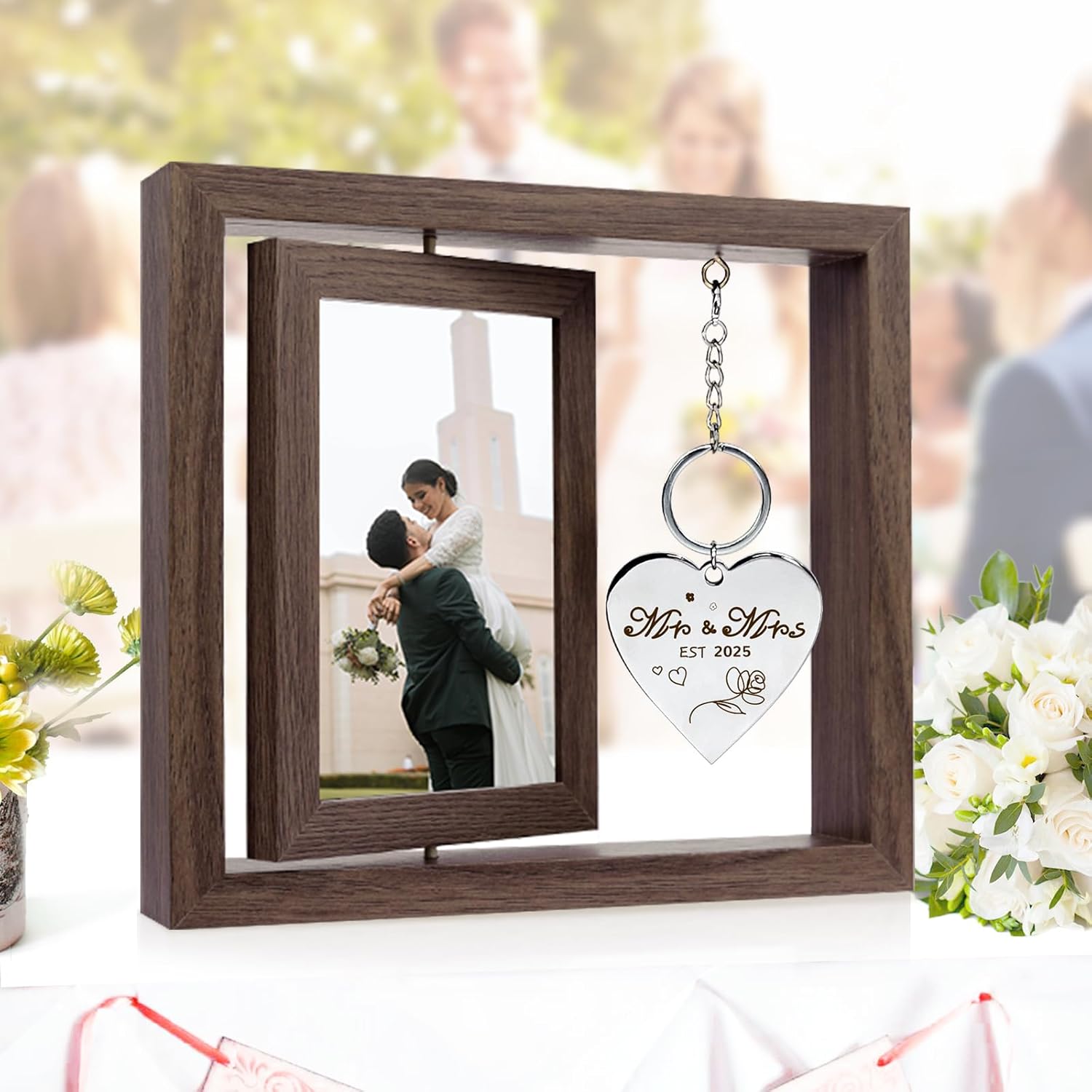 Wedding Gifts for Couples 2025,Rotating Floating Mr and Mrs Picture Frame,4×6 Rustic Picture Frame Engagement Gifts for Couples,Bridal Shower Gift for Bride to Be