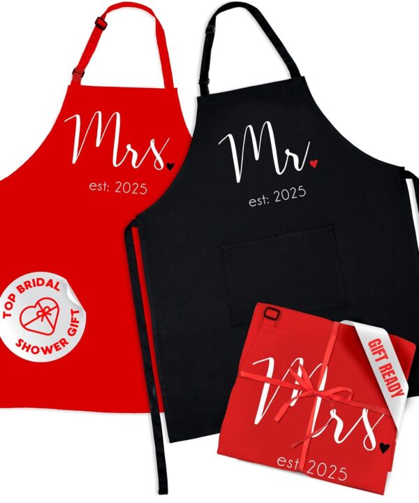 Prazoli Products Mr Mrs Apron Set - Engagement Gifts, Wedding & Bridal Shower Gifts for Couple (Mr. & Mrs. Est: 2025 - Red, Standard)