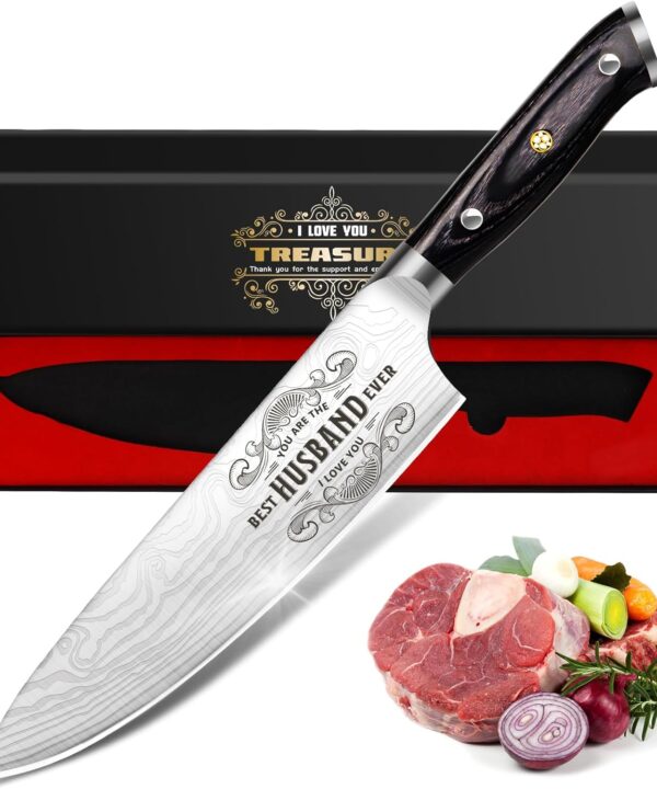 Anniversary Men Gifts for Him Husband, 8 inch Professional German Stainless Steel Chef Knife, Engraved Best Husband Ever Knife Gift, Christmas Anniversary Birthday Gifts for Men Husband