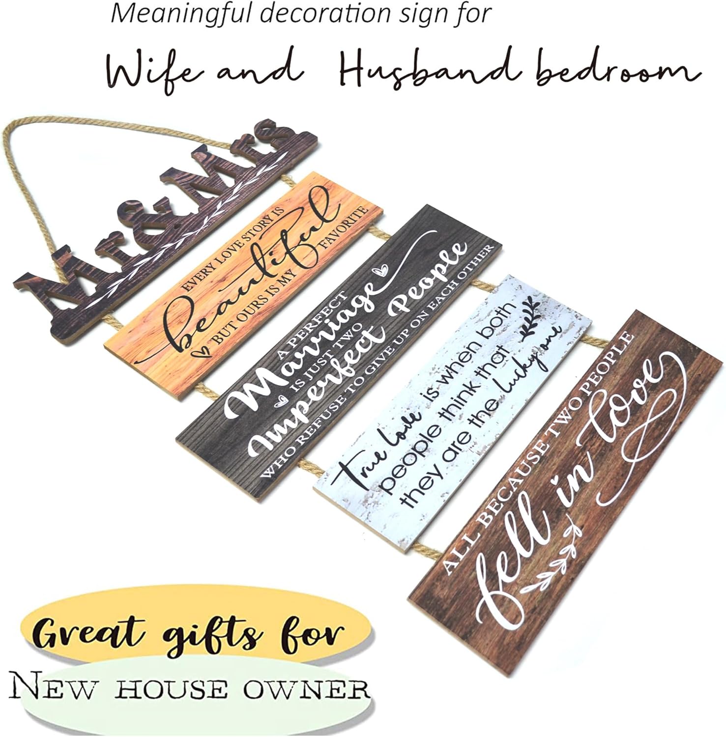 Mr & Mrs Rustic Wall Collage Sign with 5pcs Panels Strung Together – Marriage Wedding Engaged Anniversary Shower Farmhouse Distressed Wall Decor – Sweet Warming Gifts for Wife Husband Couples