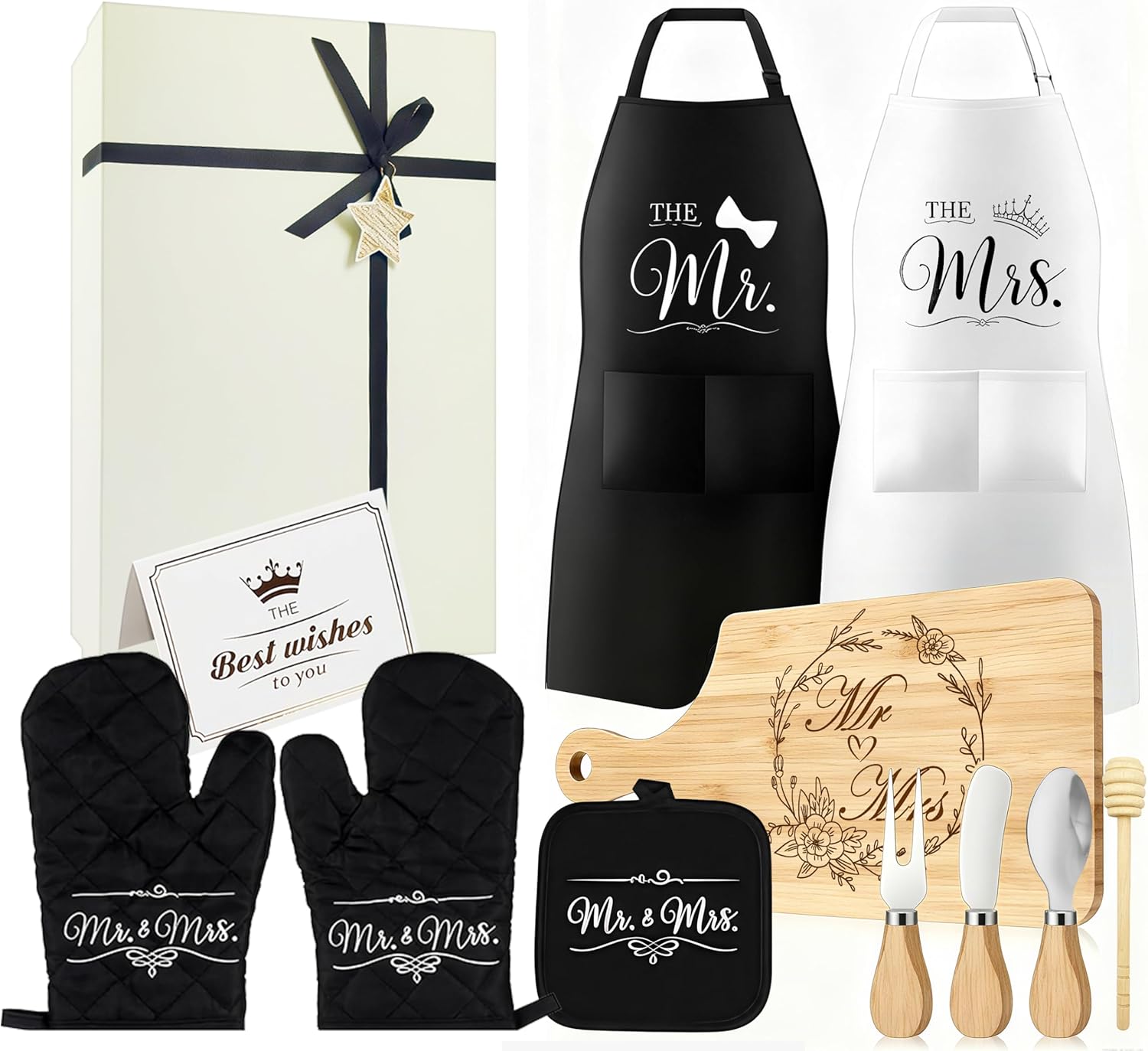Mr & Mrs Apron Gift Set for Couple Newlyweds Kitchen Gift Cutting Board, Microwave Mitt, Mat, Cheese Knife His and Hers Husband and Wife Gift Wedding Anniversary Bridal Shower Engagement Gift