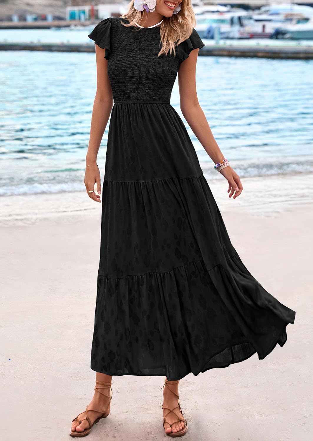 PRETTYGARDEN Wedding Guest Dresses for Women 2025 Summer Floral Cap Sleeve Smocked A Line Long Elegant Party Boho Dress