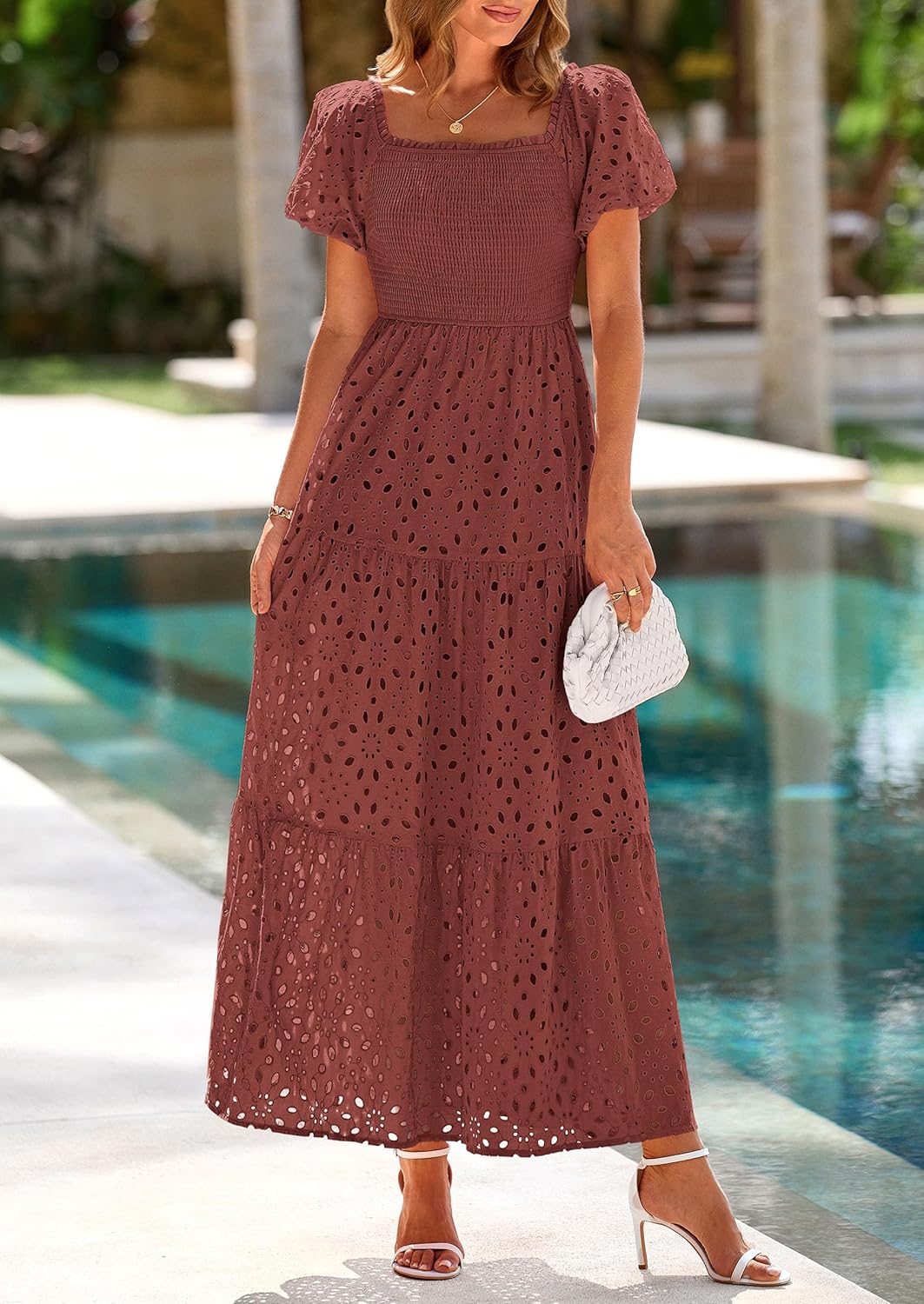 PRETTYGARDEN Summer Dresses for Women 2025 Eyelet Square Neck Puff Sleeve Smocked Wedding Guest Maxi Dress with Pockets