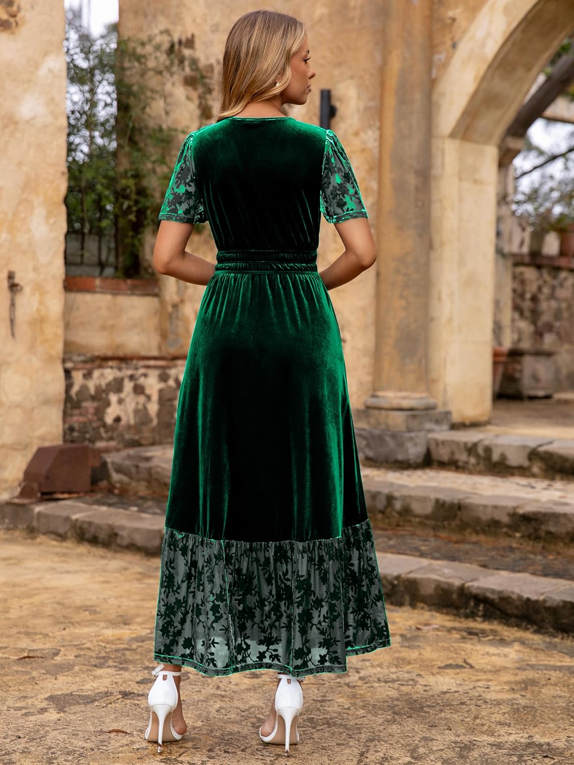 Simplee Womens Formal Velvet Maxi Dress Fall Winter V Neck Floral Short Sleeve Empire Waist Wedding Guest Dresses