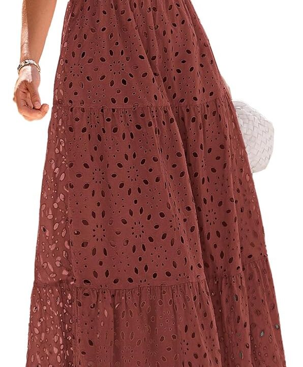 PRETTYGARDEN Summer Dresses for Women 2025 Eyelet Square Neck Puff Sleeve Smocked Wedding Guest Maxi Dress with Pockets