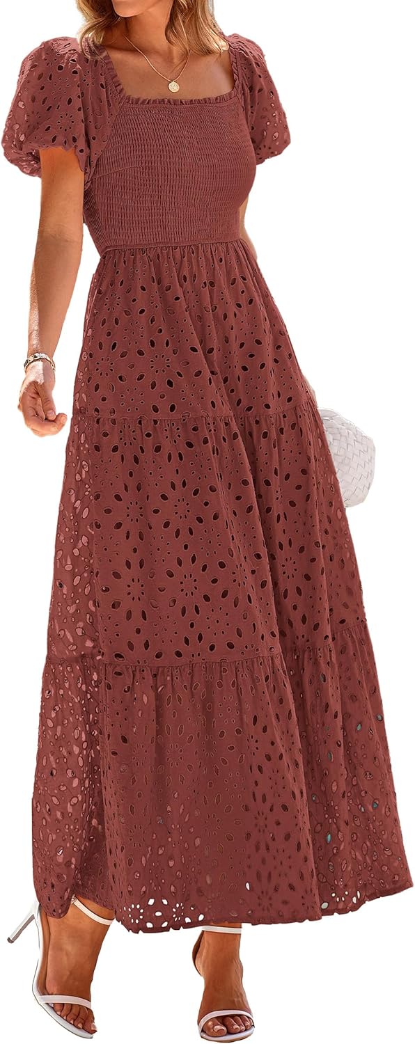 PRETTYGARDEN Summer Dresses for Women 2025 Eyelet Square Neck Puff Sleeve Smocked Wedding Guest Maxi Dress with Pockets