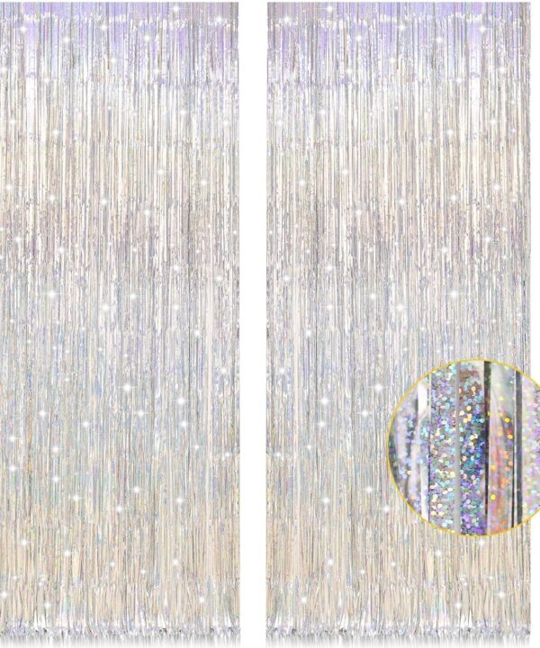 2 Pack 3.2ft x 8.2ft Silver Metallic Tinsel Foil Fringe Curtains, Door Streamer Photo Booth Backdrop for Birthday Graduation Engagement Bridal Shower Bachelorette Baby Shower Party Decorations