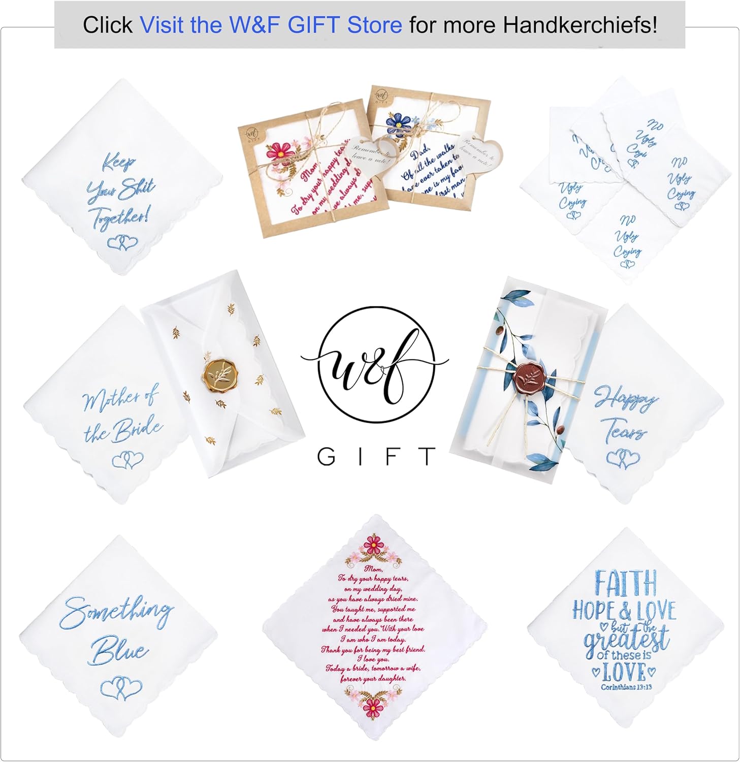 W&F GIFT Something Blue Wedding Gift Embroidered Handkerchief | Keep Your Shit Together! | Wedding Day Bride Gift