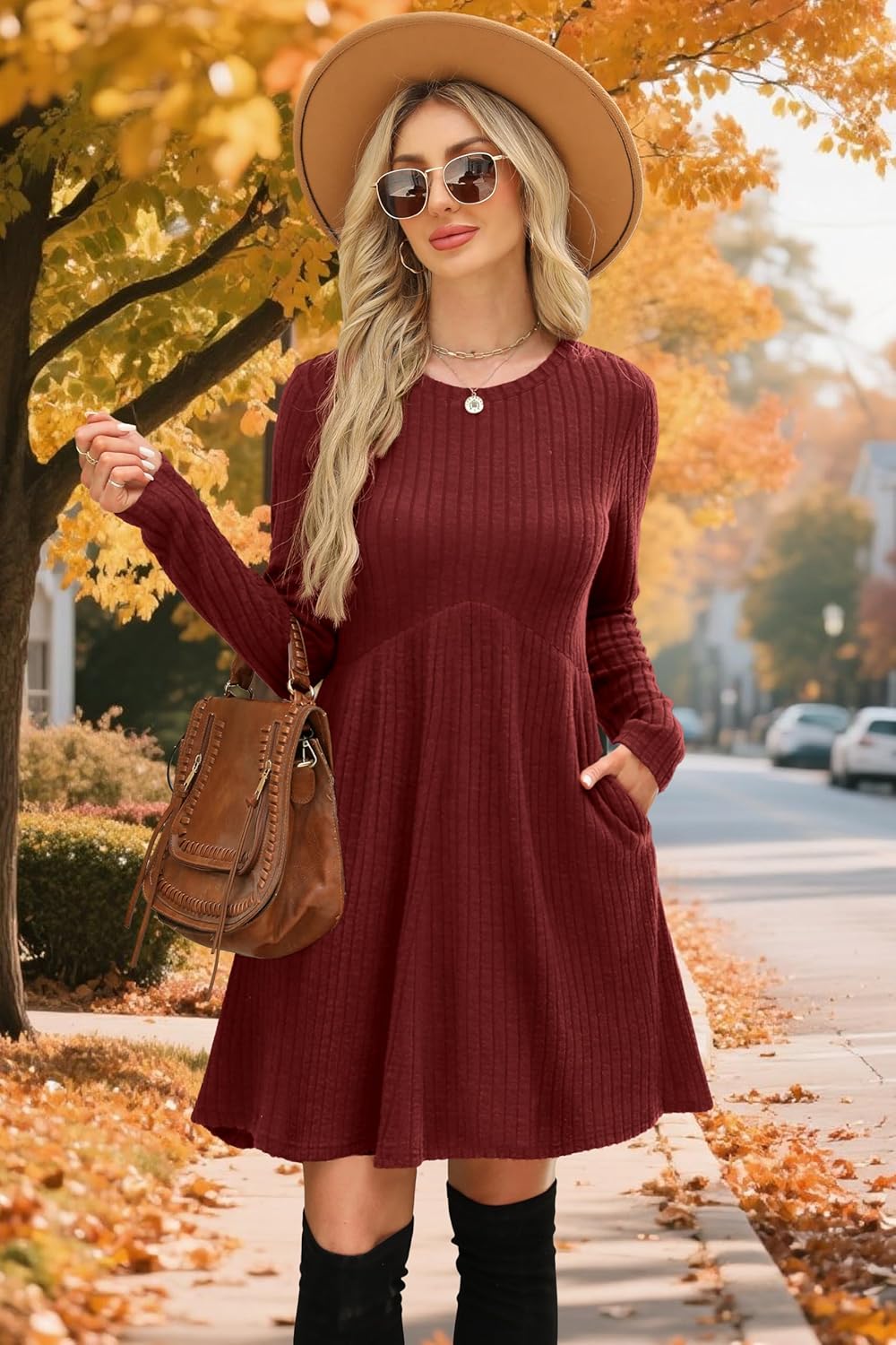 OFEEFAN Long Sleeve Dress for Women Crew Neck Empire Waist Tunic Dress with Pockets