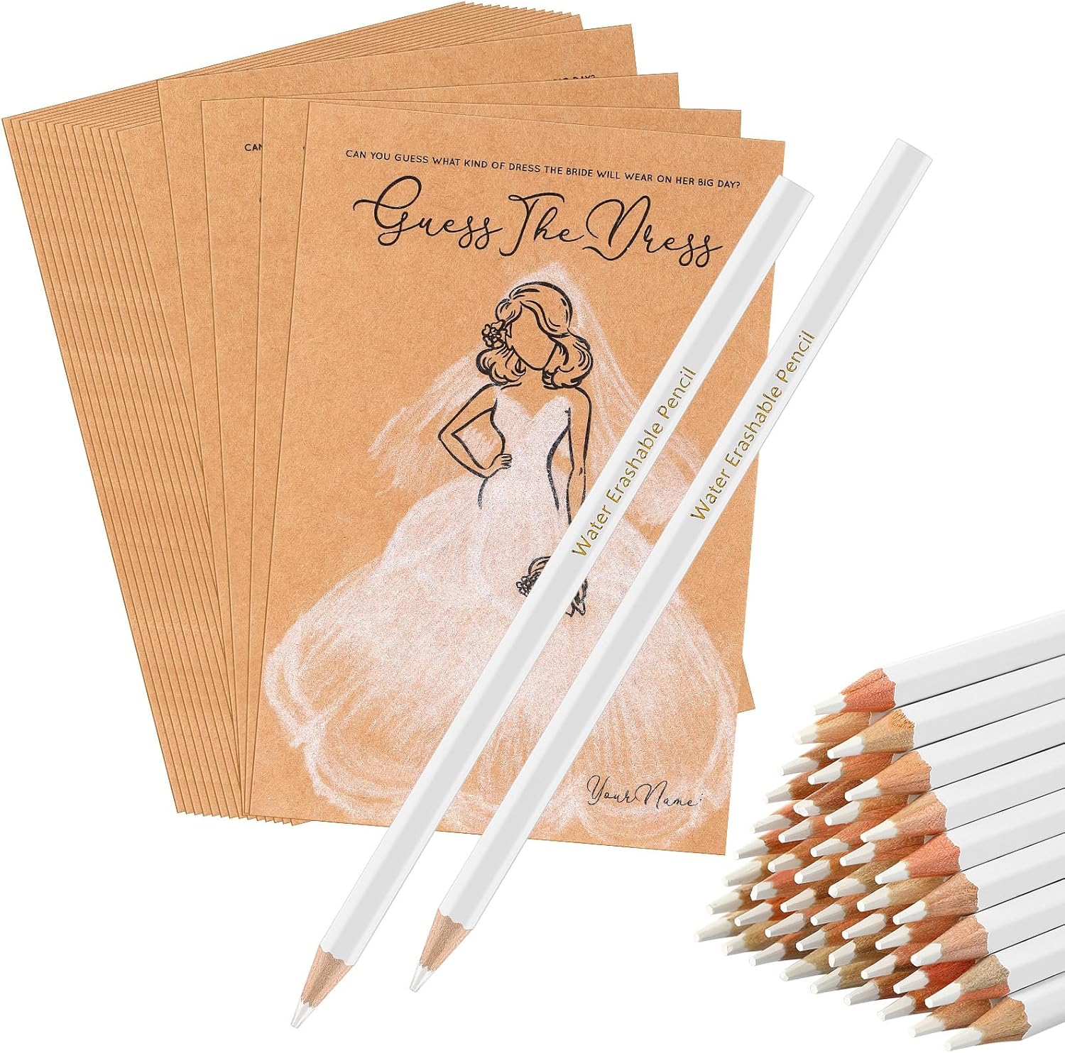Fulmoon 30 Sets Guess The Dress Bridal Shower Games for Guests Include Wedding Shower Games Cards and Water Soluble Pencils Fun Wedding Decorations Party Ideas Supplies(Brown)