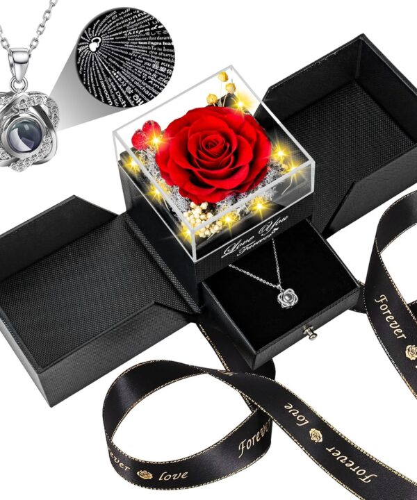 Preserved Red Real Rose with Heart I Love You Necklace -Eternal Flowers Rose Birthday Gifts for Women Her Mom Wife Girlfriend Grandma on Valentines Mothers Day Christmas Anniversary Romantic-Red