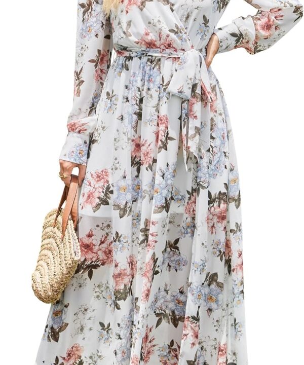ANRABESS Women’s Long Sleeve Floral Maxi Dress Boho Flowy Wrap Slit V Neck Beach Fall Wedding Guest Party Vacation Dresses