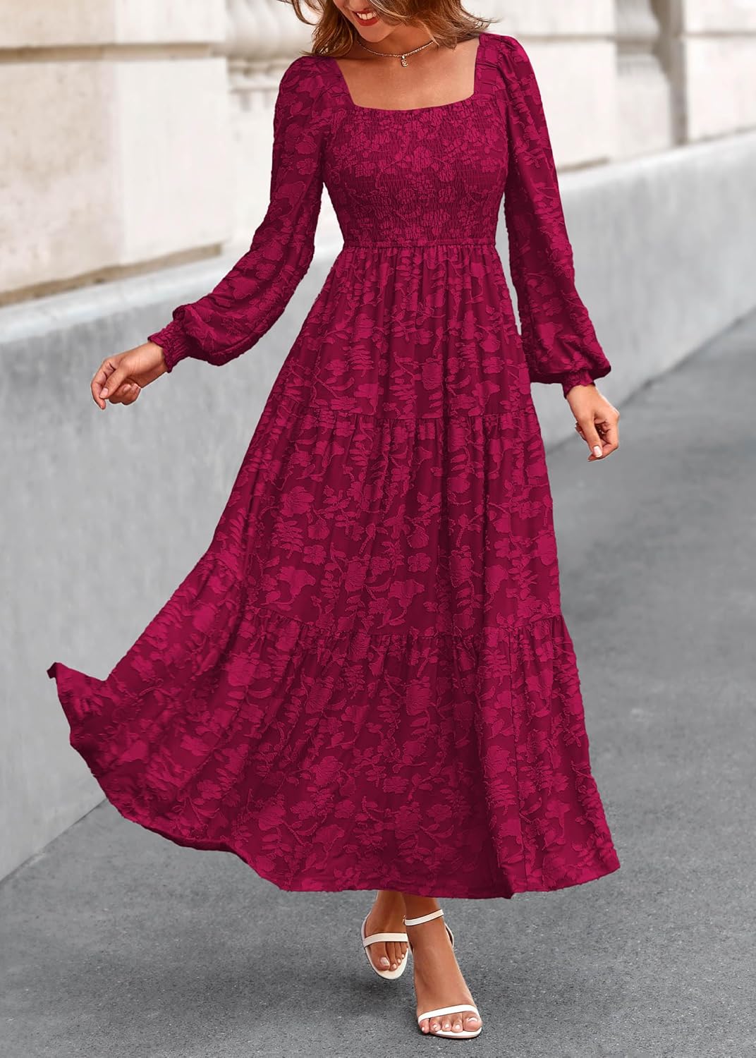 KIRUNDO Wedding Guest Dresses for Women Long Sleeve Smocked Floral Flowy A Line Boho Maxi Dress Fall Clothes