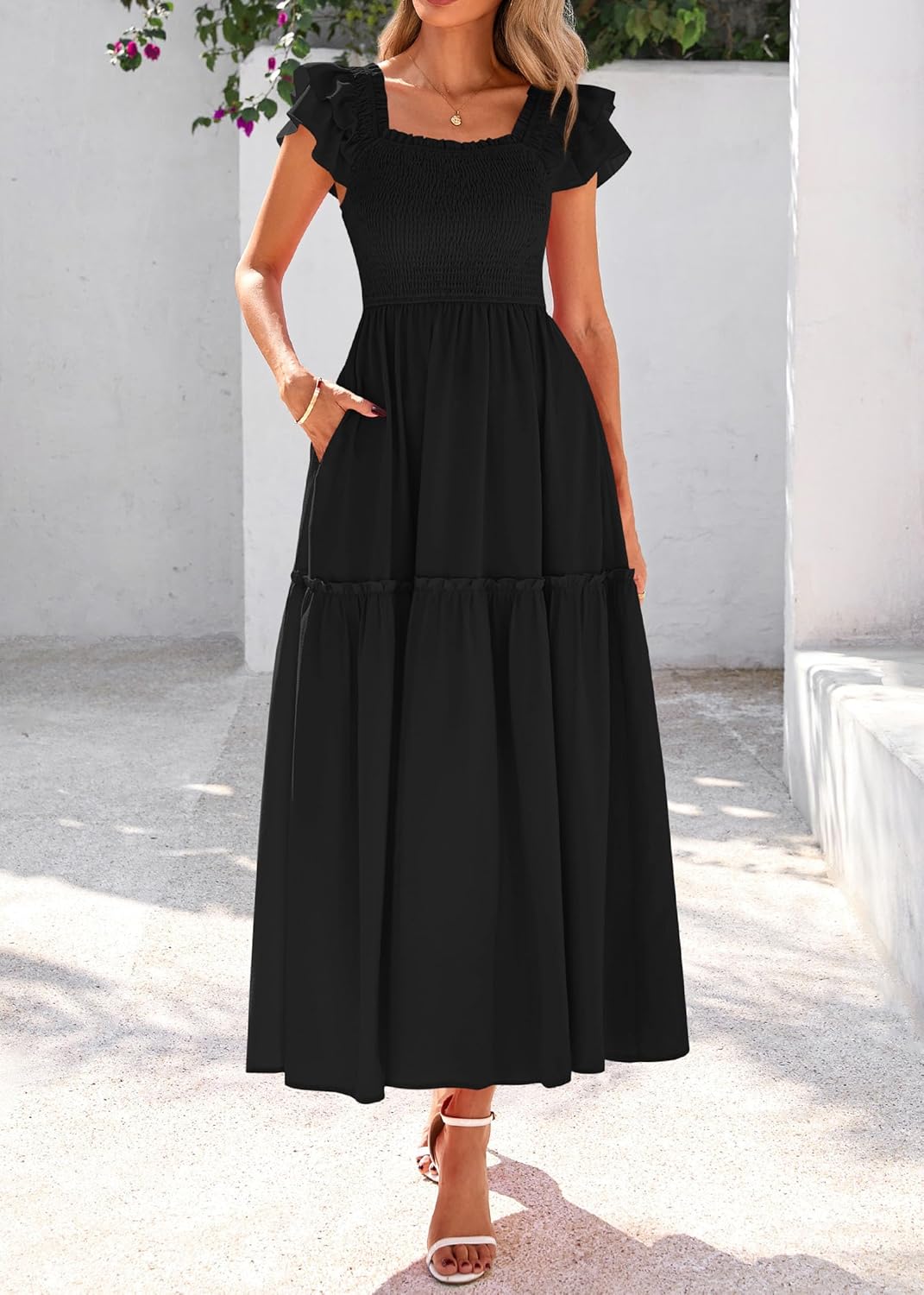 KIRUNDO Smocked Summer Dresses for Women 2025 Wedding Guest Midi Flowy Ruffle Short Sleeve Square Neck Tiered Sundress