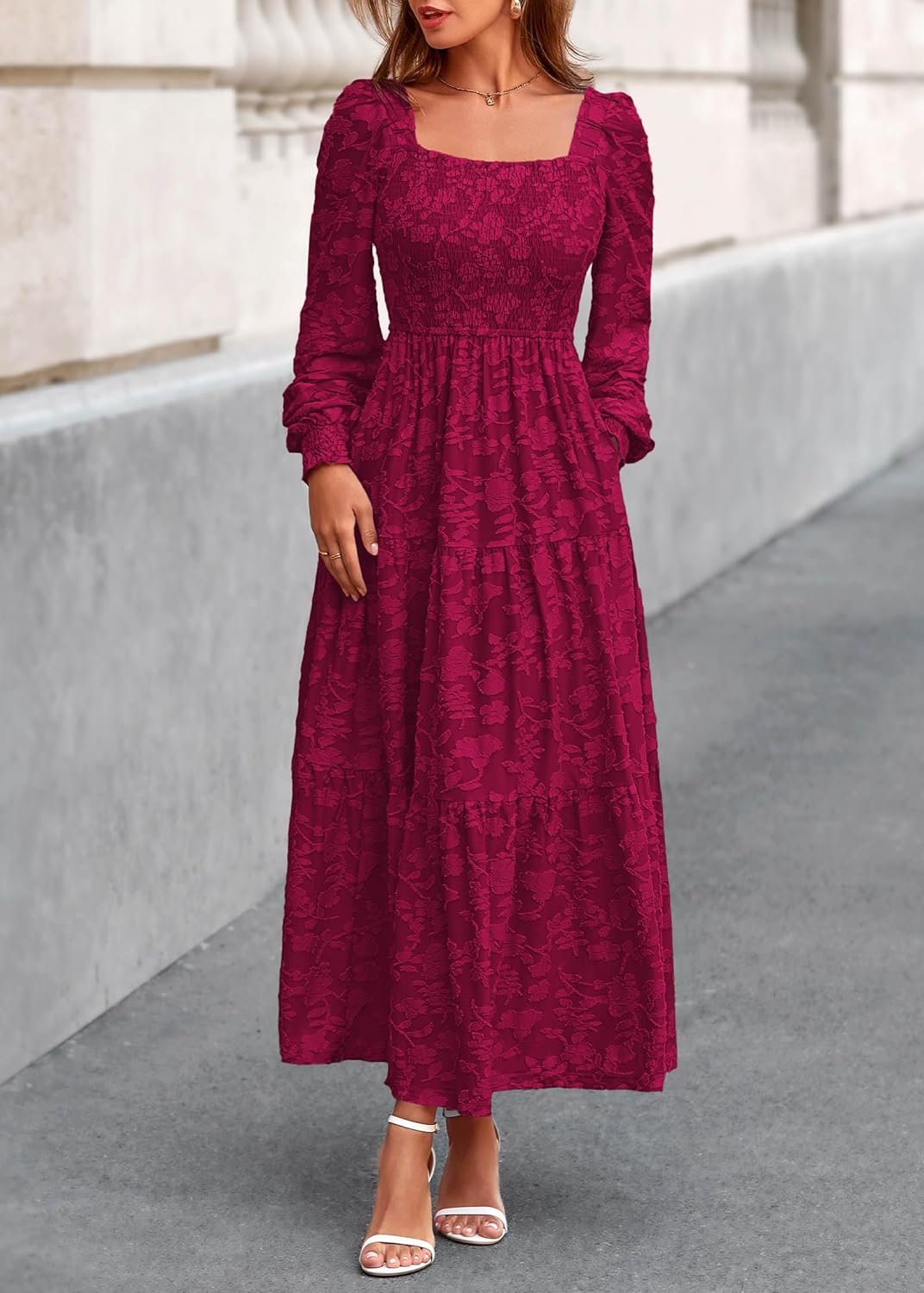 KIRUNDO Wedding Guest Dresses for Women Long Sleeve Smocked Floral Flowy A Line Boho Maxi Dress Fall Clothes