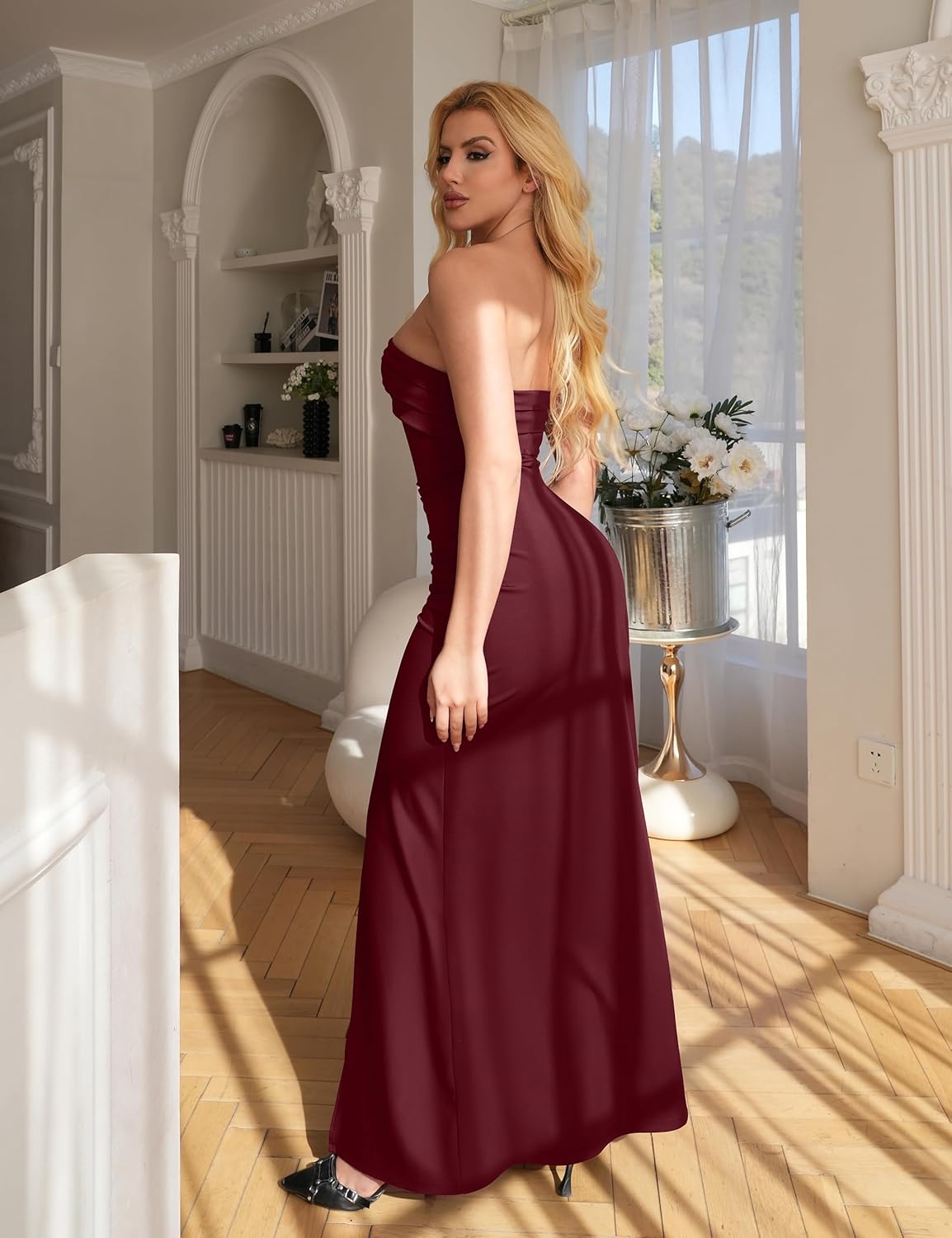 YMDUCH Womens Elegant Strapless Bodycon Ruched Ruffle High Split Long Formal Evening Dress