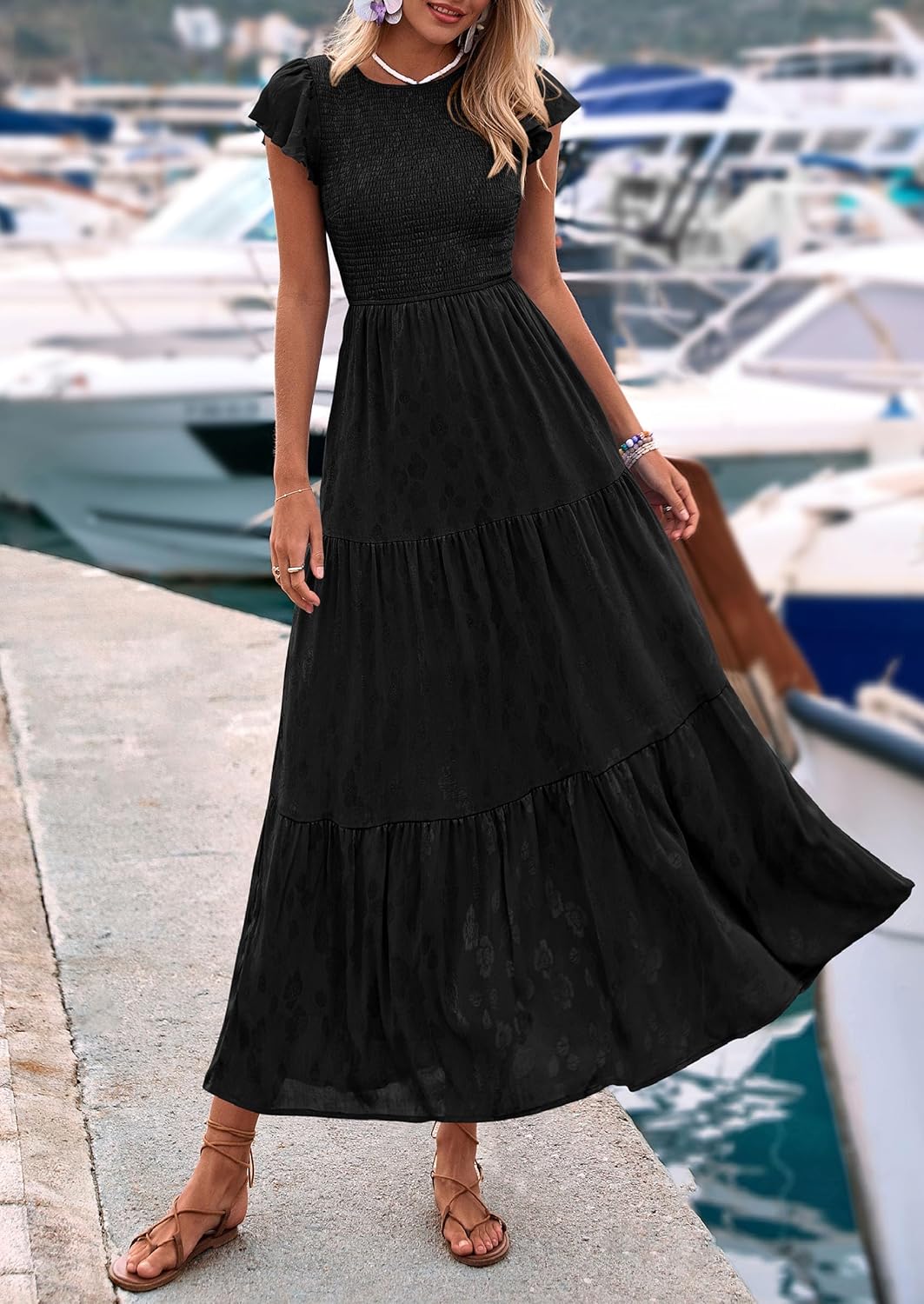 PRETTYGARDEN Wedding Guest Dresses for Women 2025 Summer Floral Cap Sleeve Smocked A Line Long Elegant Party Boho Dress