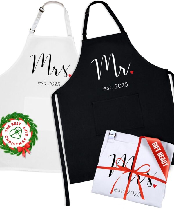Prazoli Products Mr Mrs Apron Set - Engagement Gifts, Wedding & Bridal Shower Gifts for Couple (Mr. & Mrs. Est: 2025, Standard)