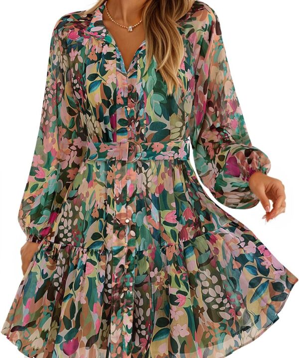 ZESICA Womens Floral Long Sleeve Mini Dress Spring Button Chiffon A Line Swing Short Wedding Guest Holiday Party Dresses