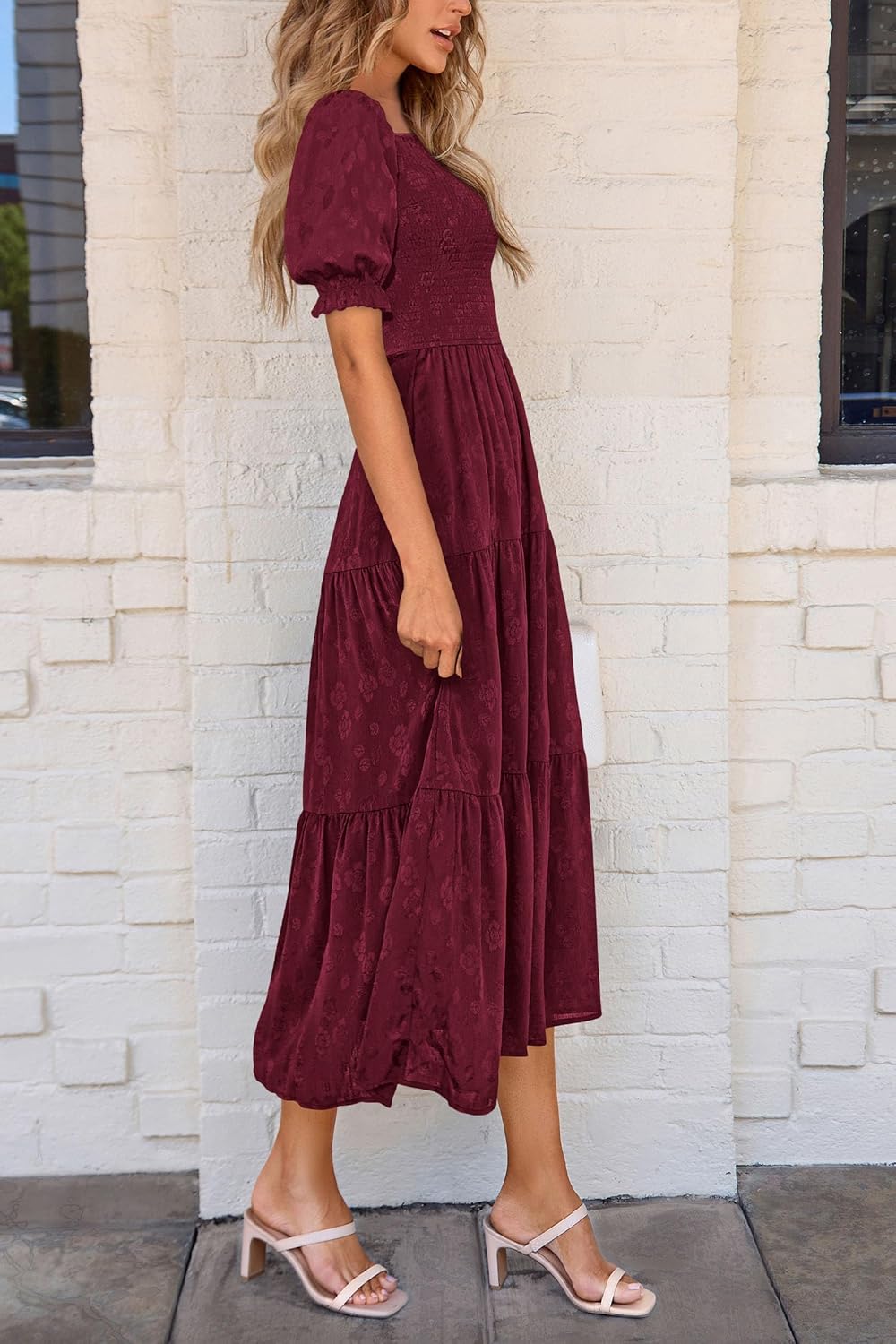 PRETTYGARDEN Womens 2025 Summer Casual Midi Dresses Square Neck Short Sleeve Smocked A Line Floral Flowy Elegant Boho Dress