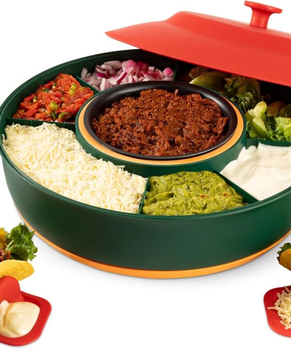 Taco Tuesday Kit - Taco Bar Serving Set for a Party - 30oz Heated Pot, 4 Taco Holders, & Detachable Lazy Susan Tray - Taco Night Fiesta – Unique Couple & Housewarming Gift Set Ideas