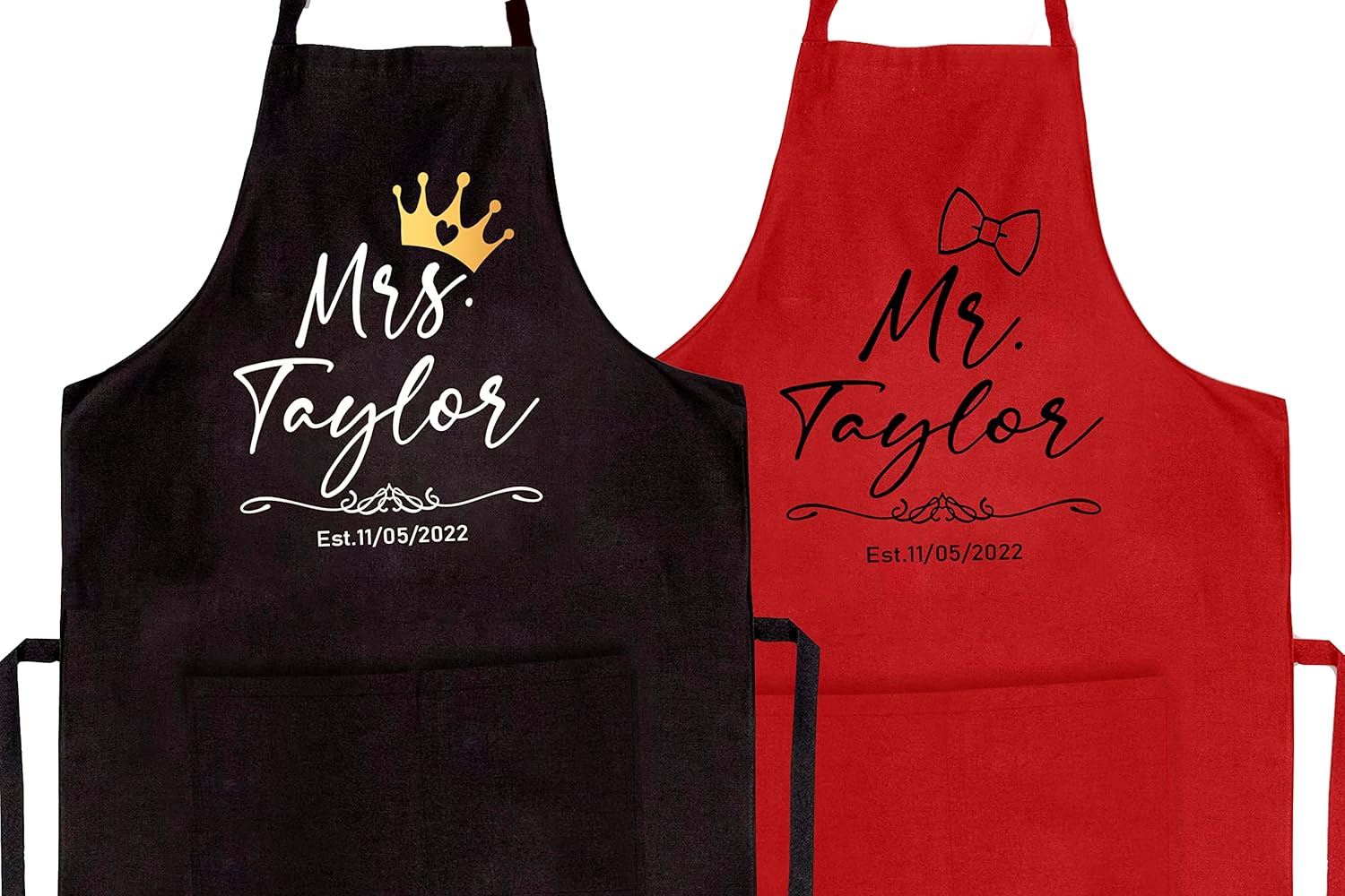 Mr. & Mrs. Custom Name Aprons – Personalized Couples Aprons with Date, Matching Cooking Aprons for Wedding, Engagement, Anniversary, Bridal Shower Gifts, Valentines Day Kitchen Gift for Him and Her