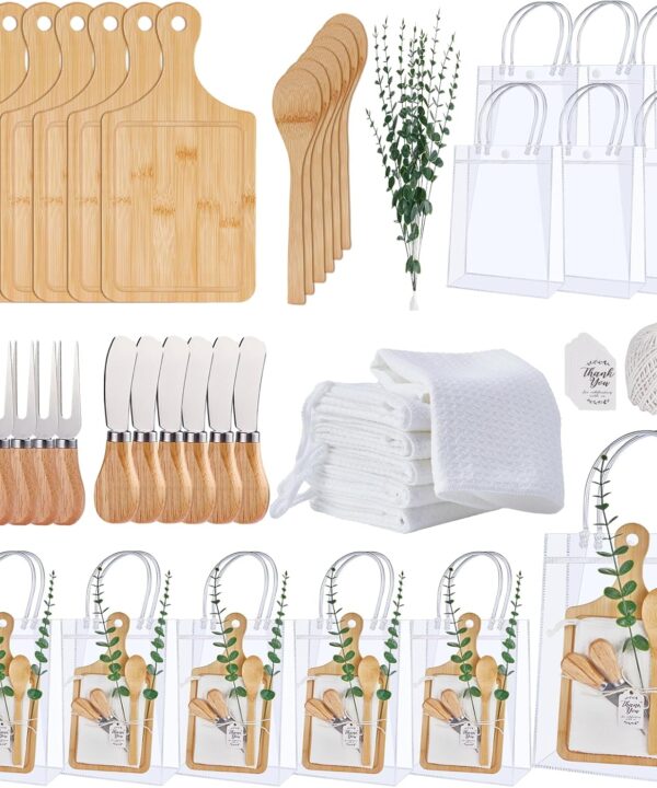 55Pcs Baby Shower Prizes for Game Winners 6 Sets Bamboo Cheese Board Spoon Fork Butter Spreaders Plaid Towel Thank You Card and Gift Bags for Baby Shower Wedding Bridal Shower Favors