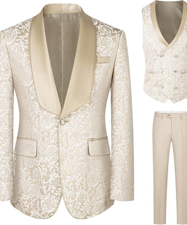 Men's Tuxedo Suits 3 Piece Wedding Prom Suits Embroidered Paisley Blazer Jacket Vest Pants Set for Party,Dinner