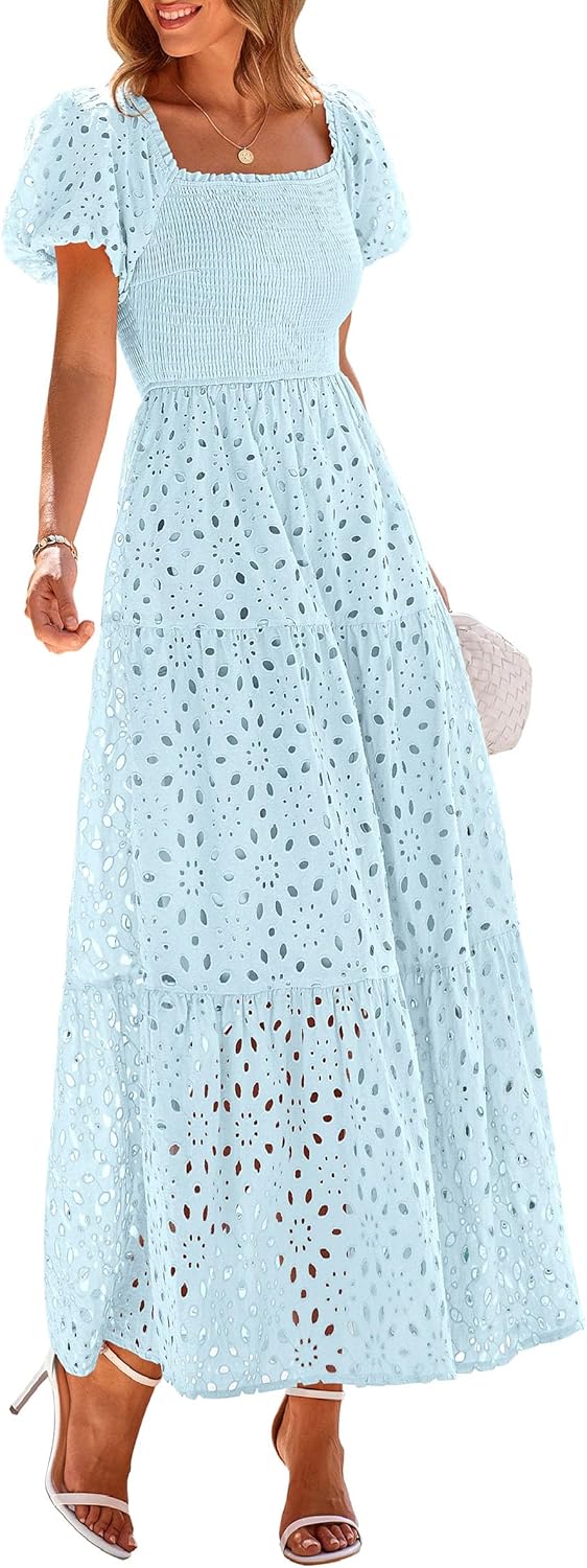 PRETTYGARDEN Summer Dresses for Women 2026 Eyelet Square Neck Puff Sleeve Smocked Wedding Guest Maxi Dress with Pockets
