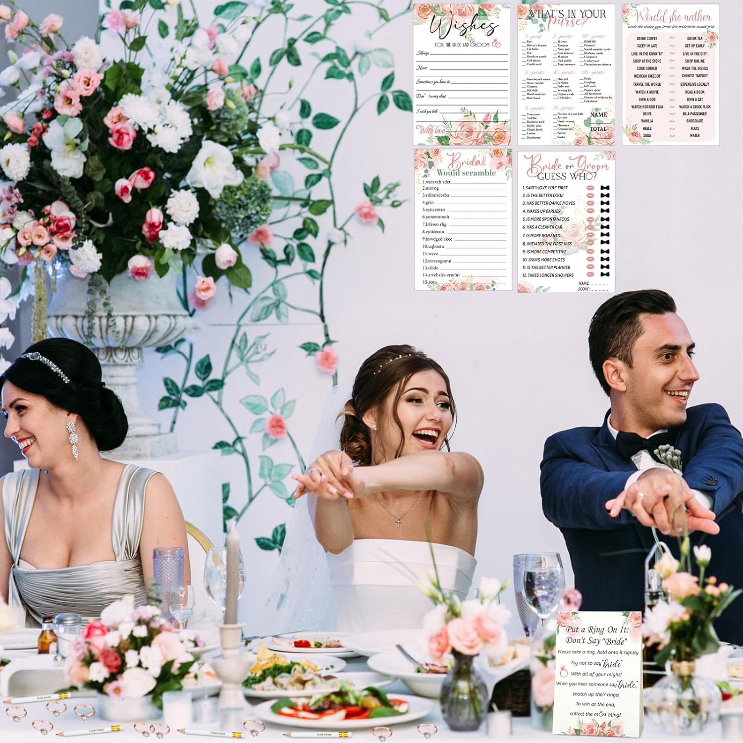 Sosation 331 Pcs Bridal Shower Games Supplies, 5 Sets (50 Cards Each) Wedding Games Cards, 1 Put a Ring on It Bridal Shower Game with 60 Rings and 20 Team Pencils for Wedding Engagement