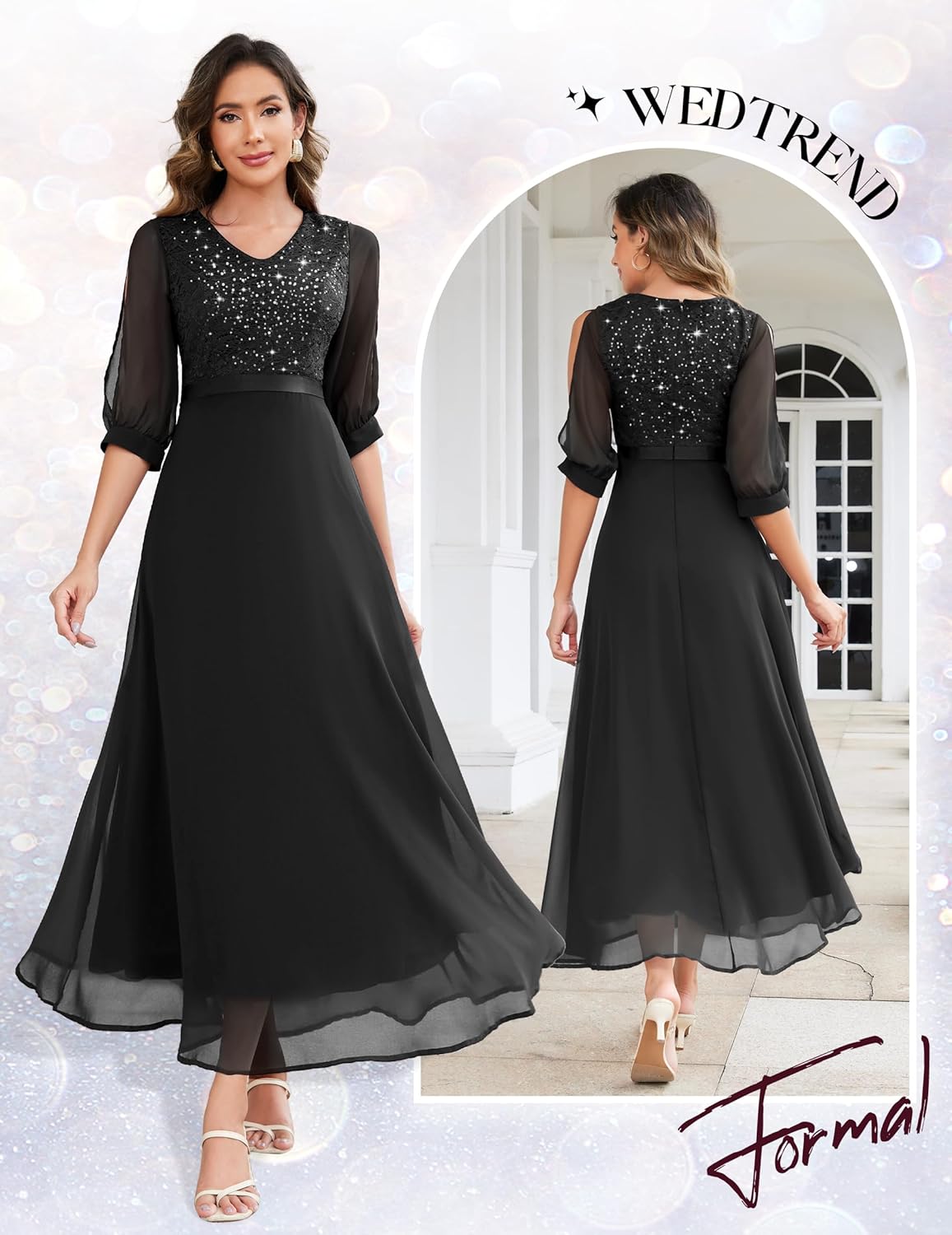 Wedtrend Womens Sequin Dresses Sparkly Glitter Dress Split Sleeves Formal Dresses Maxi Evening Dress