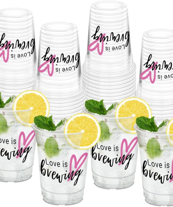 50Pcs Wedding Cups, 12oz Love Is Brewing Plastic Cups for Reception Guests Wedding Supplies Anniversary Birthday Party Decorations